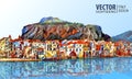 Coast of Cefalu, Palermo - Sicily. Architecture and landmark. Landscape. Ancient cityscape. Vector illustration. Royalty Free Stock Photo