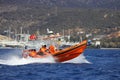 The coast guard boat conducts inspection in the Aegean Sea.