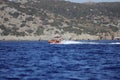 The coast guard boat conducts inspection in the Aegean Sea.