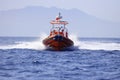 The coast guard boat conducts inspection in the Aegean Sea.