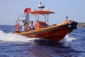 The coast guard boat conducts inspection in the Aegean Sea.