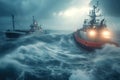 Coast guard boat conducts rescue operation of sinking ship Royalty Free Stock Photo