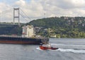 A coast guard boat escorts a large cargo ship sailing through the Bosphorus