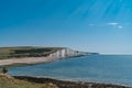 The Coast Guard Cottages and Seven Sisters Chalk Cliffs just outside Eastbourne, Sussex, England, UK.