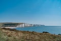 The Coast Guard Cottages and Seven Sisters Chalk Cliffs just outside Eastbourne, Sussex, England, UK.