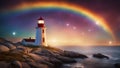 on the coast highly intricately detailed photograph o Peggy`s Cove Lighthouse inside a nebula surrounded by huge rainbow