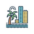 Color illustration icon for Coast, beach and hotel