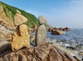 The coast of the Japan sea. Pyramids of stones.