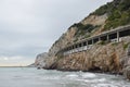 Train running along the Mediterranean coast.