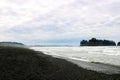 The coast of the Pacific Ocean in the early foggy morning on the background of rocks. Royalty Free Stock Photo