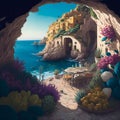 The coast of poligano a mare, a restaurant inside the cave, flowers around, beach, view of ocean, watercolor, triadic colors Royalty Free Stock Photo