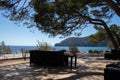 Coast promenade bench turquoise sea water view, camp de mar, Majorca island, Spain