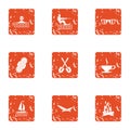 Coast relax icons set, grunge style