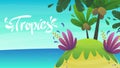 Coast of tropical island with sand beach and palm trees. Vector landscape panorama with lettering cartoon style background Royalty Free Stock Photo