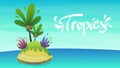 Coast of tropical island with sand beach and palm trees. Vector landscape panorama with lettering cartoon style background Royalty Free Stock Photo