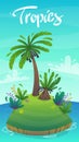 Coast of tropical island with sand beach and palm trees. Vector landscape panorama with lettering cartoon style background Royalty Free Stock Photo