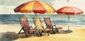 resort beach water chair watercolor relax umbrella vacation summer background rest. Generative AI.