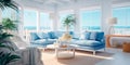 Coastal beach house living room with a breezy, nautical theme and coastal decor Royalty Free Stock Photo
