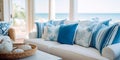 Coastal beach house living room with a breezy, nautical theme and coastal decor Royalty Free Stock Photo