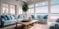 Coastal beach house living room with a breezy, nautical theme and coastal decor Royalty Free Stock Photo