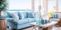 Coastal beach house living room with a breezy, nautical theme and coastal decor Royalty Free Stock Photo