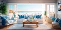 Coastal beach house living room with a breezy, nautical theme and coastal decor. Royalty Free Stock Photo
