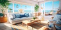 Coastal beach house living room with a breezy, nautical theme and coastal decor. Royalty Free Stock Photo