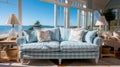 Coastal beach house living room with a breezy, nautical theme and coastal decor. Royalty Free Stock Photo