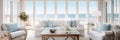 Coastal beach house living room with a breezy, nautical theme and coastal decor. Royalty Free Stock Photo