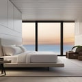 A coastal, beachfront bedroom with light, airy decor, seashell accents, and panoramic ocean views1