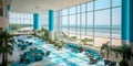 Coastal beachfront hotel lobby with coastal decor, driftwood accents, and panoramic ocean views