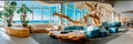 Coastal beachfront hotel lobby with coastal decor, driftwood accents, and panoramic ocean views