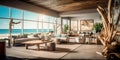 Coastal beachfront hotel lobby with coastal decor, driftwood accents, and panoramic ocean views.