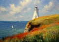 Coastal Beauty: A Lighthouse Cliff\'s View of Ocean, Daisies, Pop