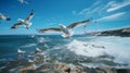 Coastal birds Seagulls and pelicans swoop and dive gracefully.AI Generated