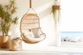 Coastal Boho Retreat: Rattan Hanging Swing Chair with MacramÃÂ© Details Royalty Free Stock Photo