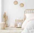 Coastal boho style bedroom interior background, wall mockup Royalty Free Stock Photo