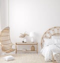Coastal boho style bedroom interior, wall mockup Royalty Free Stock Photo