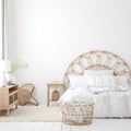 Coastal boho style bedroom interior, wall mockup Royalty Free Stock Photo