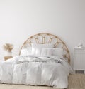Coastal boho style bedroom interior, wall mockup Royalty Free Stock Photo