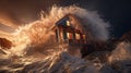 Coastal cabin endures dramatic ocean storm waves AI-generated