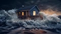 Coastal cabin endures dramatic ocean storm waves - AI-generated