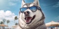 Coastal Canine Cute Huskie Dog with Funny Sunglasses Beach Joy. Generative AI Royalty Free Stock Photo
