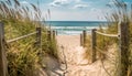 Coastal Charm: Wooden Fence on the Beach with Dune Grass in the Foreground Royalty Free Stock Photo