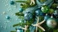 Coastal Christmas Theme with Blue and Green Ornaments Royalty Free Stock Photo