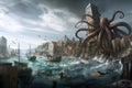 coastal city, with octopus kraken attacking its waterfront