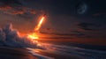 Coastal Cliff Rocket Launch at Sunset Dramatic rocket launch from a coastal cliff at sunset symbolizing ambition exploration Royalty Free Stock Photo
