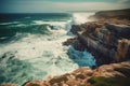 Coastal Cliff View Dramatic Cliffs, Crashing Waves, Panoramic Ocean Horizon. Generative AI
