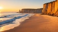 Coastal cliffs casting long shadows on the beach as the sun dips below the horizon