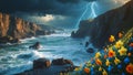 Dramatic Coastal Cliffs with Lightning Storm and Spring Flowers Royalty Free Stock Photo